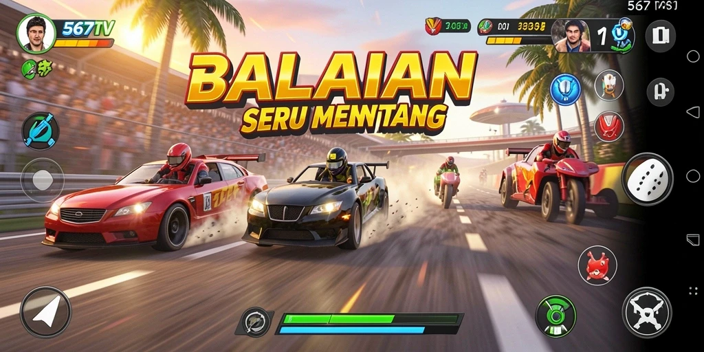 Screenshot aksi balapan mendebarkan dalam 567TV dengan mobil yang melaju cepat.